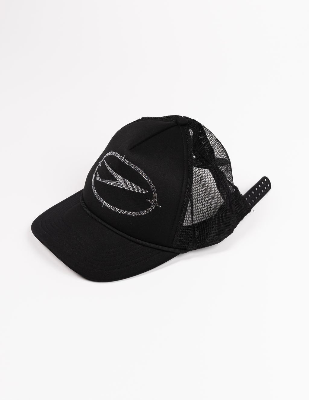 Traveller First Class Trucker hat, Black/White Rhinestone box logo