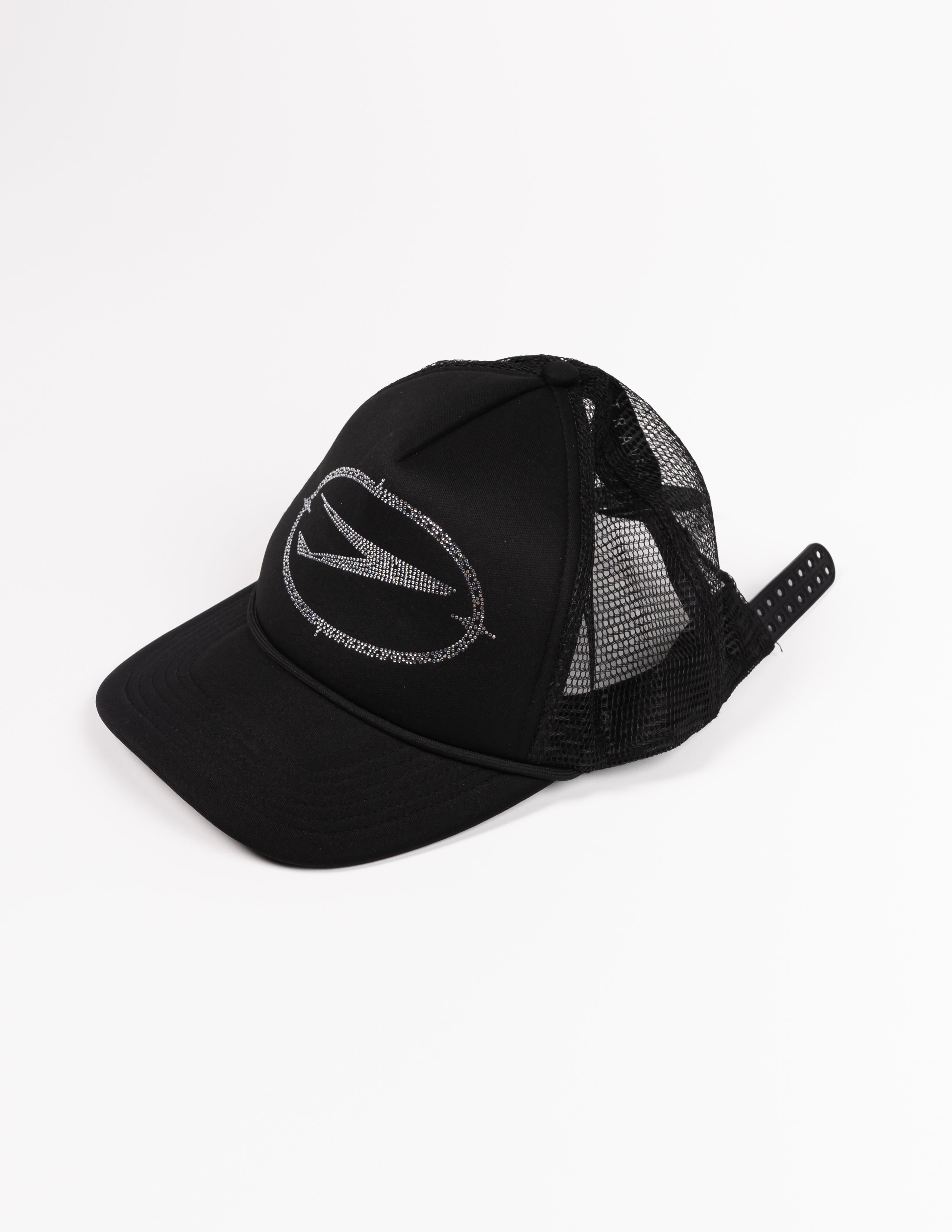 Traveller First Class Trucker hat, Black/White Rhinestone box logo